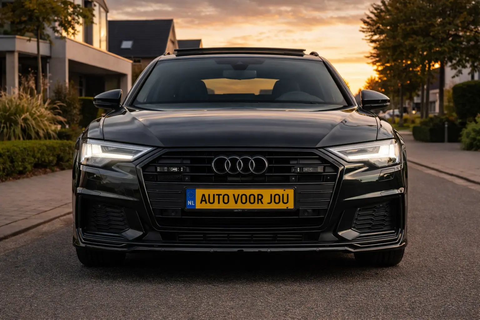 audi-a6-avant-55-tfsi-e-voorkant-avond-woonwijk-lease